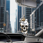 Gold Human Skull And Rose Flowers On Geometric Background Car Hanging Ornament