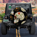 Sugar Skull Mexican And Floral On Black Background Spare Tire Cover Car Accessories