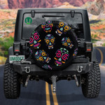 Colorful Sugar Skull Mexican With Floral Ornament And Flower Spare Tire Cover Car Accessories