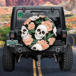 Pink Peonies And Human Skulls On Black Background Spare Tire Cover Car Accessories