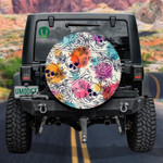 Human Skull With Rose And Leave On Colorful Background Spare Tire Cover Car Accessories
