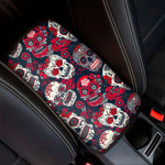 White Red Sugar Skull Pattern Print Car Center Console Cover