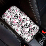 Pink Flowers Skull Pattern Print Car Center Console Cover