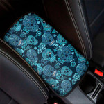 Teal Sugar Skull Flower Pattern Print Car Center Console Cover
