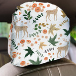Deer And Autumn Beige Maple Leaves Flowers White Background Car Headrest Covers Set Of 2