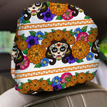 Day Of Death Sugar Skull Girls Orange Dahlias And Flowers Car Headrest Covers Set Of 2
