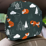 Dark Green Theme Doodle Foxes And Trees In Rainy Day Car Headrest Covers Set Of 2