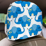 Cute Smiling Elephant With Yellow Dolka Dot Car Headrest Covers Set Of 2