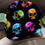 Cute Multicolored Human Skulls On Black Background Car Headrest Covers Set Of 2