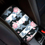 Black White Stripes Background With Watercolor Pink Rose Car Center Console Cover
