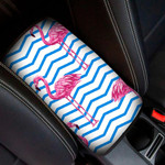Beautifiul Flamingo Tropical On Blue Zigzag Background Car Center Console Cover