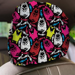 Wild Cartoon Animals Colorful Wolf And Fish On Black Car Headrest Covers Set Of 2