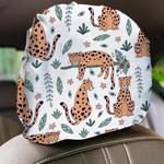 Wild African Leopard Jungle Plants And Flowers Car Headrest Covers Set Of 2