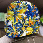 White Background With Hippie Yellow And Navy Tropical Leaves Pattern Car Headrest Covers Set Of 2