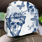 Vintage Blue Human Skull With Flowers And Butterfly Car Headrest Covers Set Of 2