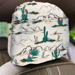 Vintage Beige Background Mountain Desert With Green Cactus Car Headrest Covers Set Of 2
