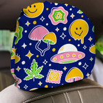 Trippy Pattern Cartoon Smiling Face Mushroon And Spaceship Car Headrest Covers Set Of 2