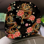 Chinese Traditional Dragon Peonies And Sakura Car Headrest Covers Set Of 2