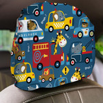Cartoon Pattern Of Vehicles With Funny Drivers Giraffe Lion Bear Car Headrest Covers Set Of 2