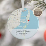 Personalized Christmas Ornament Set, Engagement With Map Circle Tree Decorations