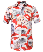 Christmas Hawaiian Shirt, Cat Santa Hat Button Up Shirt For Men