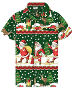 Christmas Hawaiian Shirt, Santa Claus Christmas Border Print Green Button Up Shirt For Men