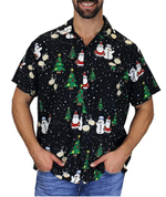 Christmas Hawaiian Shirt, Santa Claus With Snowman Black Button Up Shirt For Men