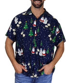 Christmas Hawaiian Shirt, Santa Claus With Snowman Blue Button Up Shirt For Men
