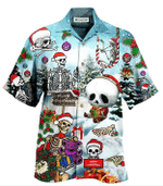 Christmas Hawaiian Shirt, Skull Christmas Snow Santa Hat Button Up Shirt For Men