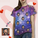 Valentines day gifts Custom Boyfriend Face Galaxy Starry Night Women's T-shirt, Made In USA Valentines Day Gift