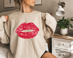 Cute Red Lips Distressed Lips Shirt, Kissing Lip Sweatshirt For him, her, boyfriend, girlfriend, wife, husband Valentines Day Gift