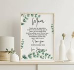 Personalized Mothers Day Poster, Gift For Mom From Daughter Son, Thank You For Eveything Poster
