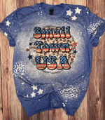 Small Town USA Blue Tee, Fourth Of July, Independence Day Bleached Tshirt