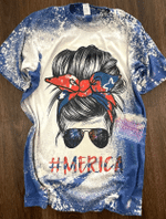 Merica Messy Bun Tee, Fourth Of July, Independence Day Bleached Tshirt