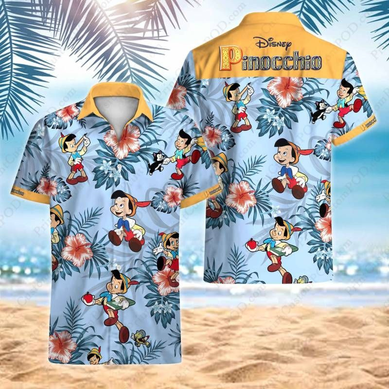HOT Pinocchio Disney hibiscus Short Sleeve Hawaiian Shirt2