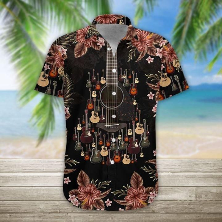 HOT Guitar hibiscus black Short Sleeve Hawaiian Shirt2