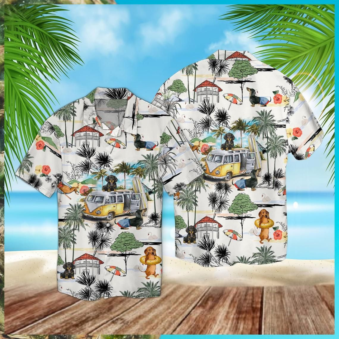 HOT Dachshund Beach Retro Short Sleeve Hawaiian Shirt1