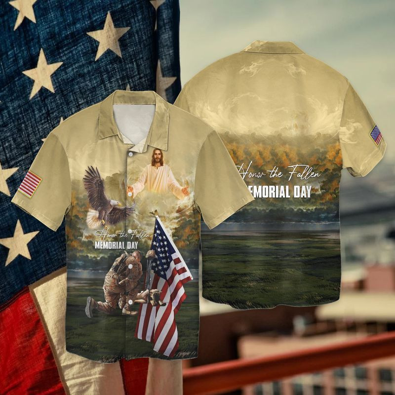 HOT 4th Of July Independence Day Memorial Day Eagle And Jesus Honor The Fallen Short Sleeve Hawaiian Shirt2
