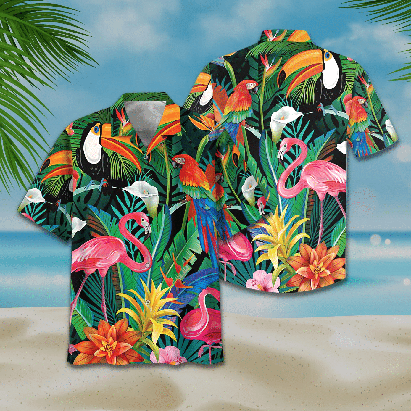 HOT Flamingo And Parrot Tropical Flowers Short Sleeve Hawaiian Shirt2