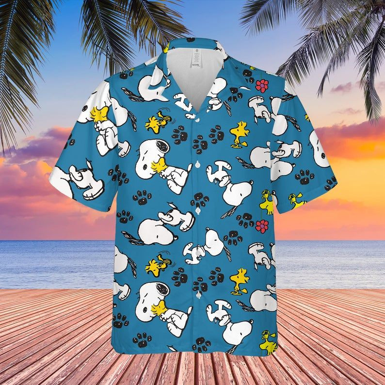 HOT Snoopy With Woodstock And Paw Cartoon Peanuts Short Sleeve Hawaiian Shirt1