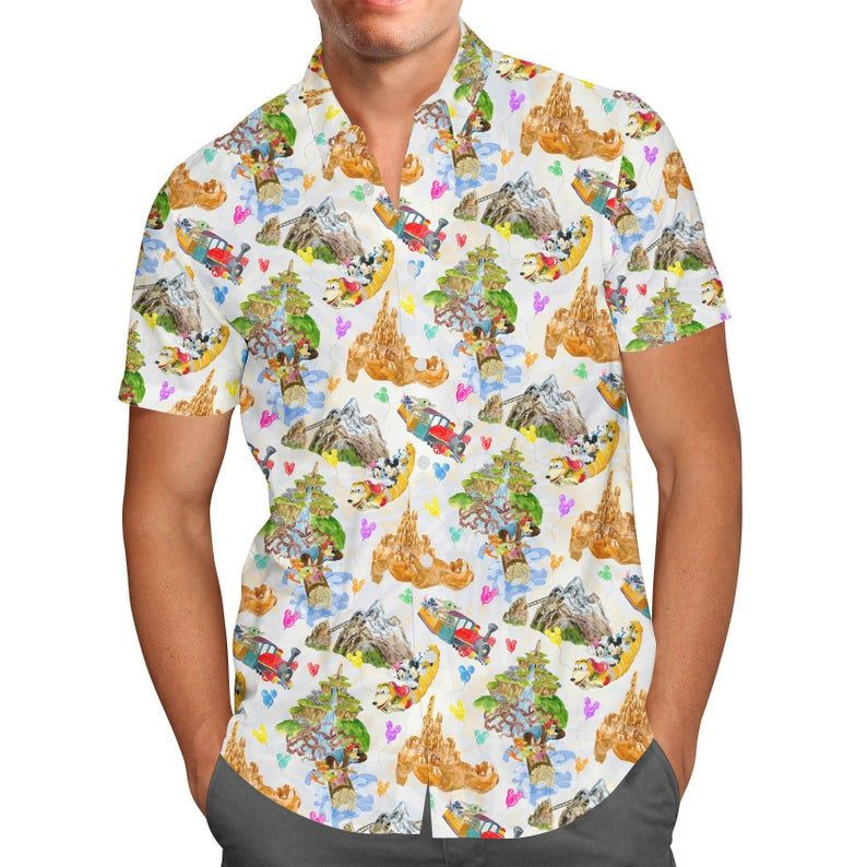HOT Watercolor Disney Parks Trains And Drops Short Sleeve Hawaiian Shirt1