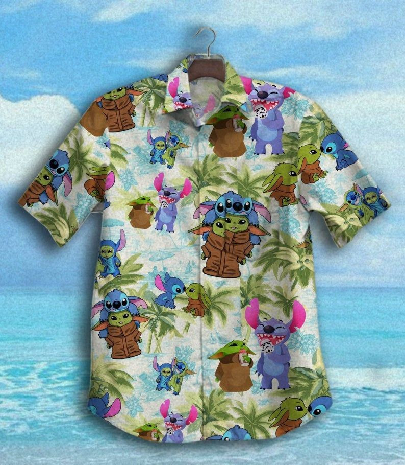 HOT Stitch And Baby Yoda Cartoon Lilo And Stitch Short Sleeve Hawaiian Shirt1