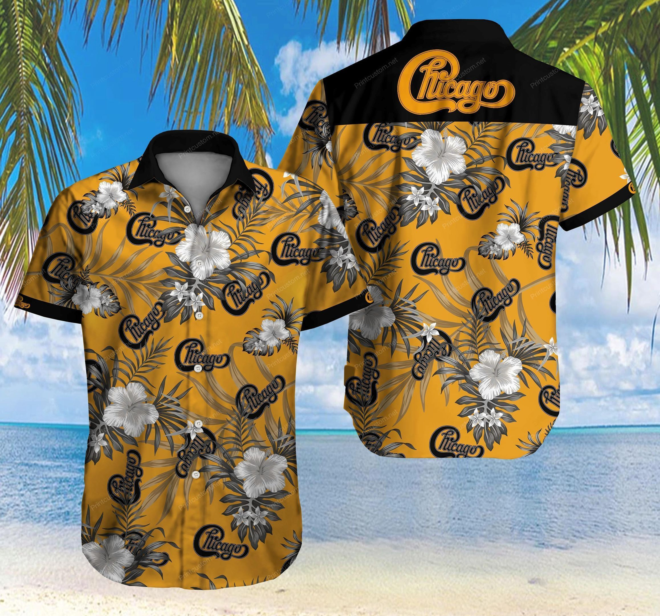HOT Chicago hibiscus yellow Short Sleeve Hawaiian Shirt2