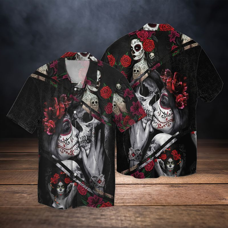 NEW Roses Skull Romance Couple Short Sleeve Hawaii Shirt2