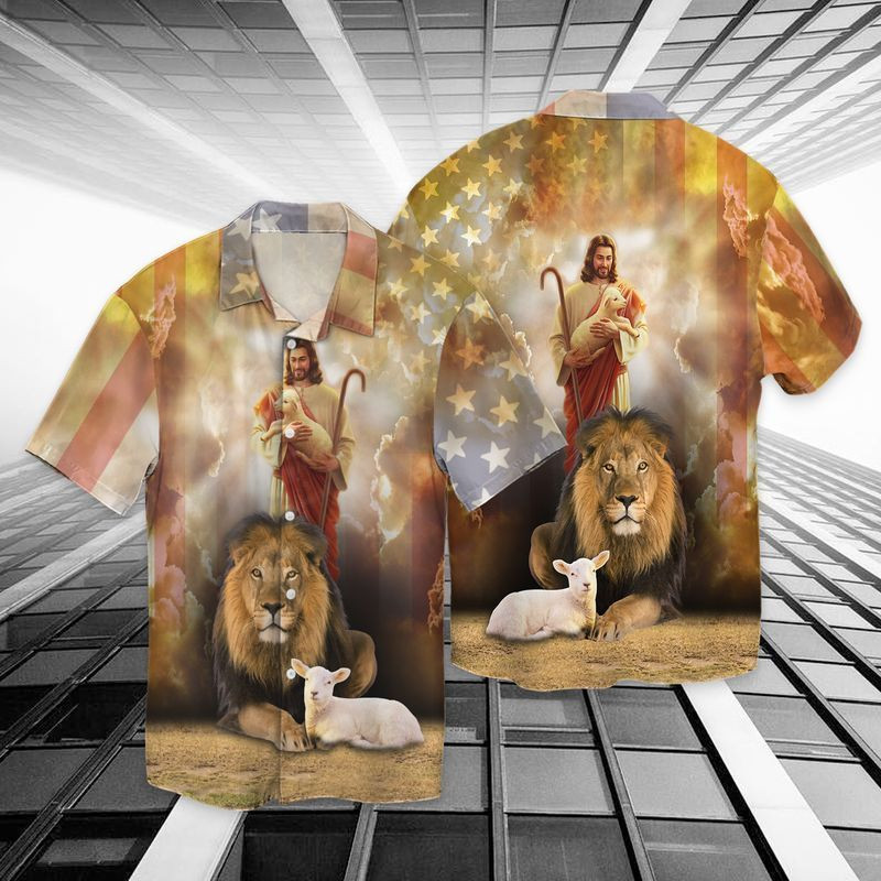 NEW 4th Of July Independence Day Jesus God Lion Short Sleeve Hawaii Shirt1