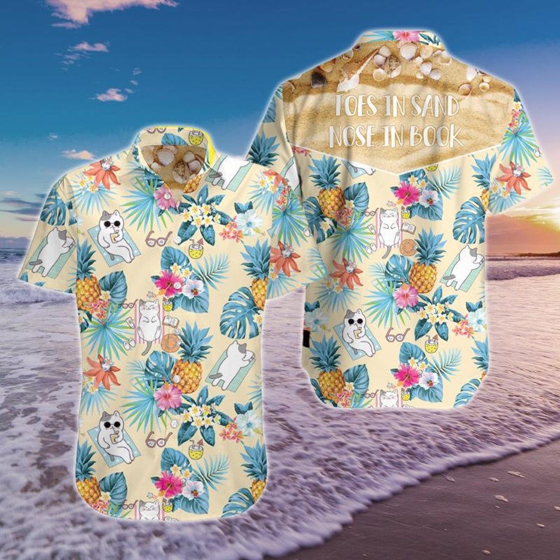 NEW Toes in Sand Nose in Book Cat Short Sleeve Hawaii Shirt2