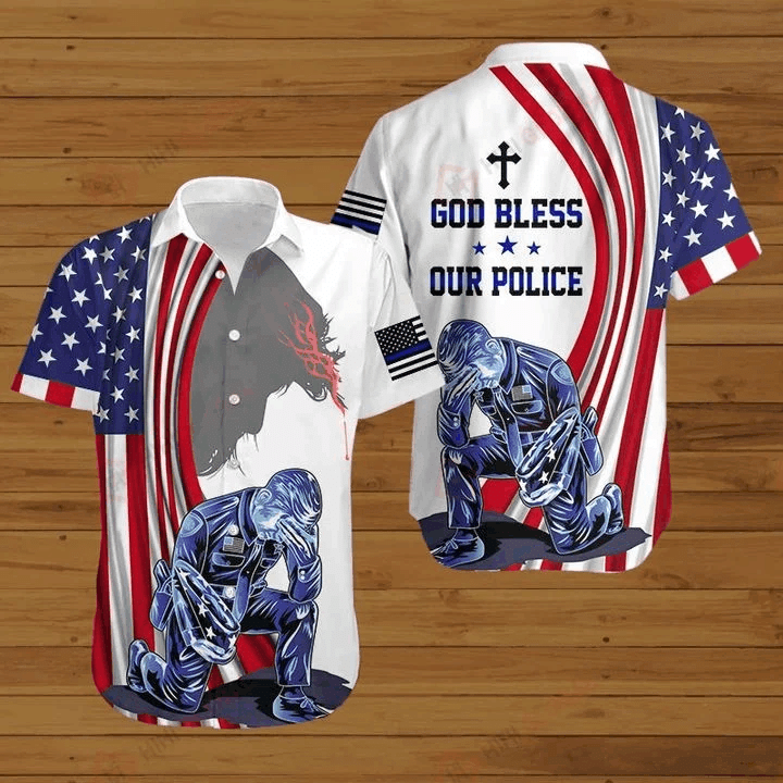 NEW Jesus Bible American Flag 4th Of July Independence Day God Bless Our Police Short Sleeve Hawaii Shirt1