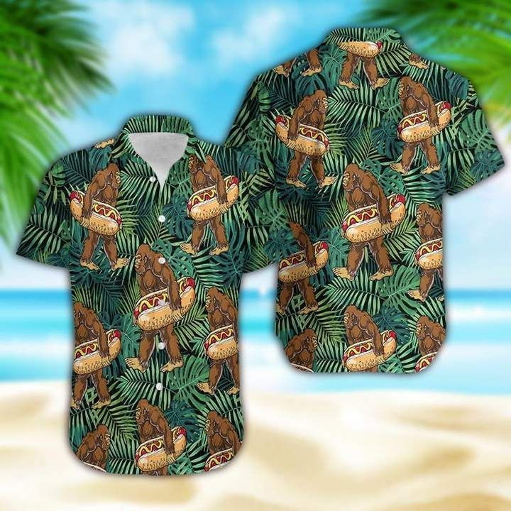 NEW Bigfoot Carrying Hotdog Camping Short Sleeve Hawaii Shirt2