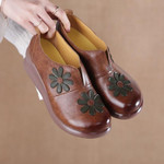 Women Retro Design Real Leather Floral Shoes