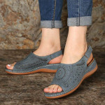 Women Peep Toe Pattern Hook Loop Casual Wedges Sandals